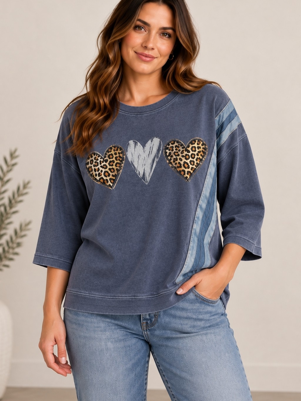 Via Vitale Made in Italy Leopard Heart Denim Detail Top Size Large